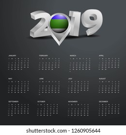 2019 Calendar Template. Grey Typography with Komi Country Map Golden Typography Header