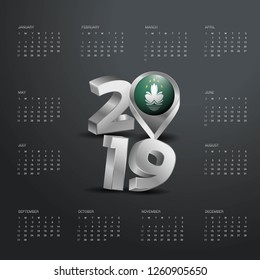 2019 Calendar Template. Grey Typography with Macau Country Map Golden Typography Header