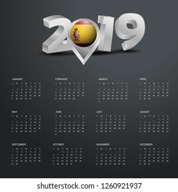 2019 Calendar Template. Grey Typography with Spain Country Map Golden Typography Header