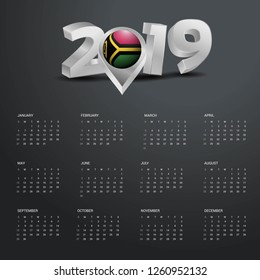 2019 Calendar Template. Grey Typography with Vanuatu Country Map Golden Typography Header