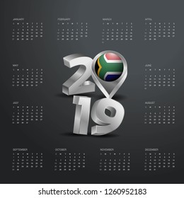 2019 Calendar Template. Grey Typography with South Africa Country Map Golden Typography Header