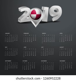 2019 Calendar Template. Grey Typography with Greenland Country Map Golden Typography Header