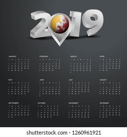2019 Calendar Template. Grey Typography with Bhutan Country Map Golden Typography Header