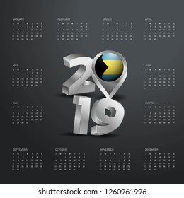2019 Calendar Template. Grey Typography with Bahamas Country Map Golden Typography Header