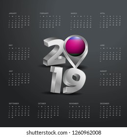 2019 Calendar Template. Grey Typography with Kuban Peoples Republic Country Map Golden Typography Header