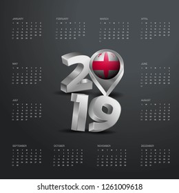 2019 Calendar Template. Grey Typography with Georgia Country Map Golden Typography Header