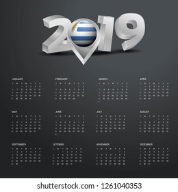 2019 Calendar Template. Grey Typography with Uruguay Country Map Golden Typography Header