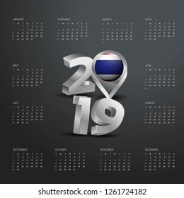 2019 Calendar Template. Grey Typography with Thailand Country Map Golden Typography Header
