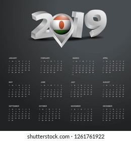2019 Calendar Template. Grey Typography with Niger Country Map Golden Typography Header