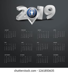 2019 Calendar Template. Grey Typography with Northern Mariana Islands Country Map Golden Typography Header