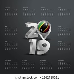 2019 Calendar Template. Grey Typography with Saint Kitts and Nevis Country Map Golden Typography Header