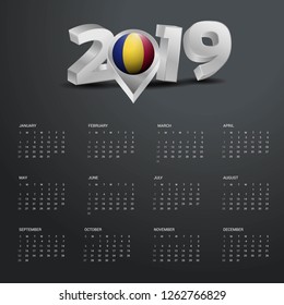 2019 Calendar Template. Grey Typography with Romania Country Map Golden Typography Header