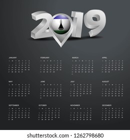 2019 Calendar Template. Grey Typography with Lesotho Country Map Golden Typography Header