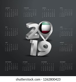 2019 Calendar Template. Grey Typography with Kuwait Country Map Golden Typography Header