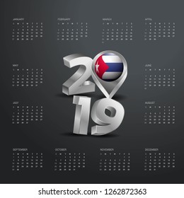 2019 Calendar Template. Grey Typography with Cuba Country Map Golden Typography Header