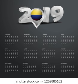 2019 Calendar Template. Grey Typography with Colombia Country Map Golden Typography Header