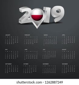 2019 Calendar Template. Grey Typography with Poland Country Map Golden Typography Header