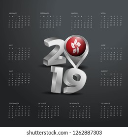 2019 Calendar Template. Grey Typography with Hongkong Country Map Golden Typography Header