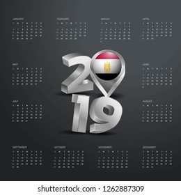 2019 Calendar Template. Grey Typography with Egypt Country Map Golden Typography Header
