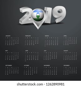 2019 Calendar Template. Grey Typography with Kabardino Balkaria Country Map Golden Typography Header