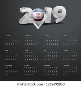 2019 Calendar Template. Grey Typography with Mari-El Country Map Golden Typography Header