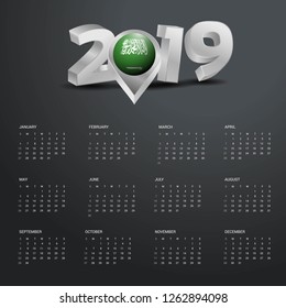 2019 Calendar Template. Grey Typography with Saudi Arabia Country Map Golden Typography Header