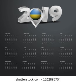 2019 Calendar Template. Grey Typography with Rwanda Country Map Golden Typography Header