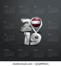 2019 Calendar Template. Grey Typography with Latvia Country Map Golden Typography Header