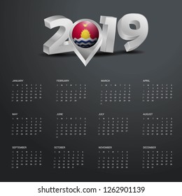 2019 Calendar Template. Grey Typography with Kiribati Country Map Golden Typography Header