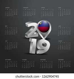2019 Calendar Template. Grey Typography with Liechtenstein Country Map Golden Typography Header