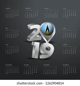 2019 Calendar Template. Grey Typography with Saint Lucia Country Map Golden Typography Header