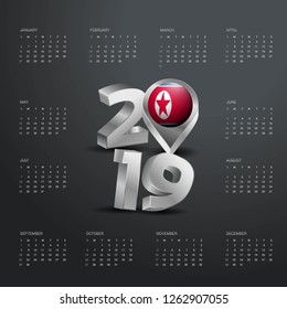 2019 Calendar Template. Grey Typography with Korea North Country Map Golden Typography Header