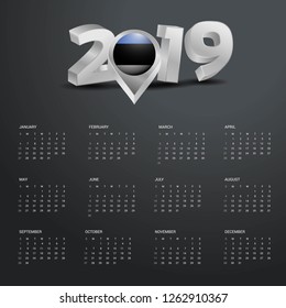 2019 Calendar Template. Grey Typography with Estonia Country Map Golden Typography Header