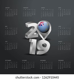 2019 Calendar Template. Grey Typography with Tuvalu Country Map Golden Typography Header
