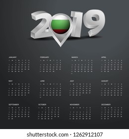 2019 Calendar Template. Grey Typography with Bulgaria Country Map Golden Typography Header