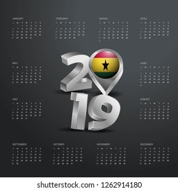 2019 Calendar Template. Grey Typography with Ghana Country Map Golden Typography Header