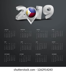 2019 Calendar Template. Grey Typography with Phillipines Country Map Golden Typography Header