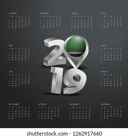 2019 Calendar Template. Grey Typography with Chechen Republic of Lchkeria Country Map Golden Typography Header