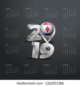 2019 Calendar Template. Grey Typography with Mordovia Country Map Golden Typography Header