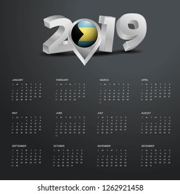 2019 Calendar Template. Grey Typography with Bahamas Country Map Golden Typography Header