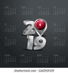 2019 Calendar Template. Grey Typography with Turkey Country Map Golden Typography Header