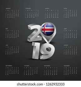 2019 Calendar Template. Grey Typography with Iceland Country Map Golden Typography Header