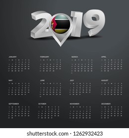 2019 Calendar Template. Grey Typography with Mozambique Country Map Golden Typography Header
