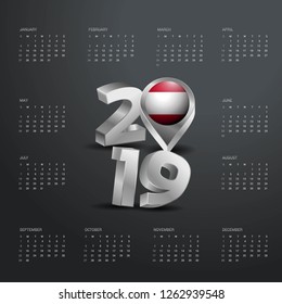 2019 Calendar Template. Grey Typography with Austria Country Map Golden Typography Header
