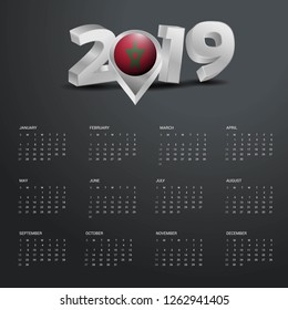 2019 Calendar Template. Grey Typography with Morocco Country Map Golden Typography Header