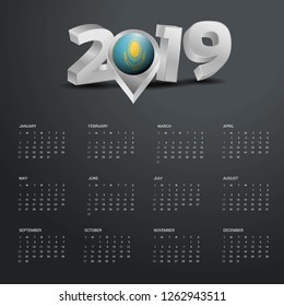 2019 Calendar Template. Grey Typography with Kazakhstan Country Map Golden Typography Header