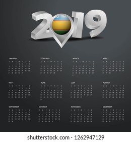 2019 Calendar Template. Grey Typography with Karakalpakstan Country Map Golden Typography Header