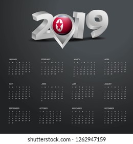 2019 Calendar Template. Grey Typography with Korea North Country Map Golden Typography Header