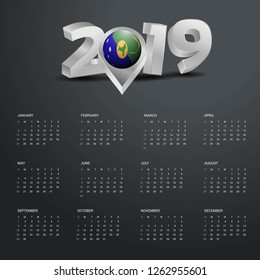 2019 Calendar Template. Grey Typography with Christmas island Country Map Golden Typography Header