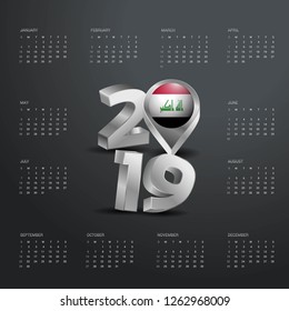 2019 Calendar Template. Grey Typography with Iraq Country Map Golden Typography Header